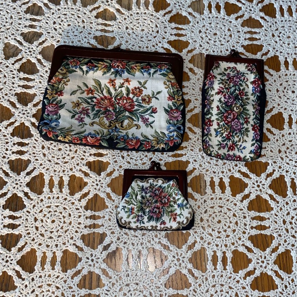 Vtg Interpur Hong Kong Tapestry Clutch with matching Coin Purse & Cigarette Case